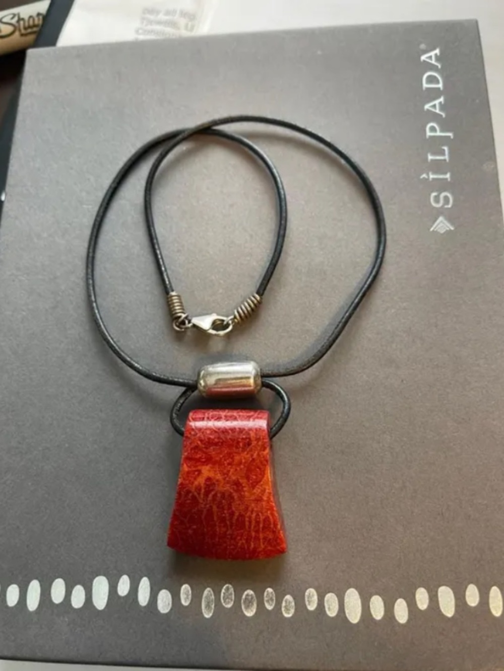 Retired SILPADA 925 Silver Red Sponge Coral Pendant Leather Necklace w/BOX
